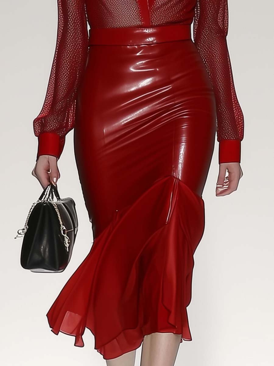 Fashionable Eye-catching Red Mesh Stitching Leather Fishtail Midi Dress