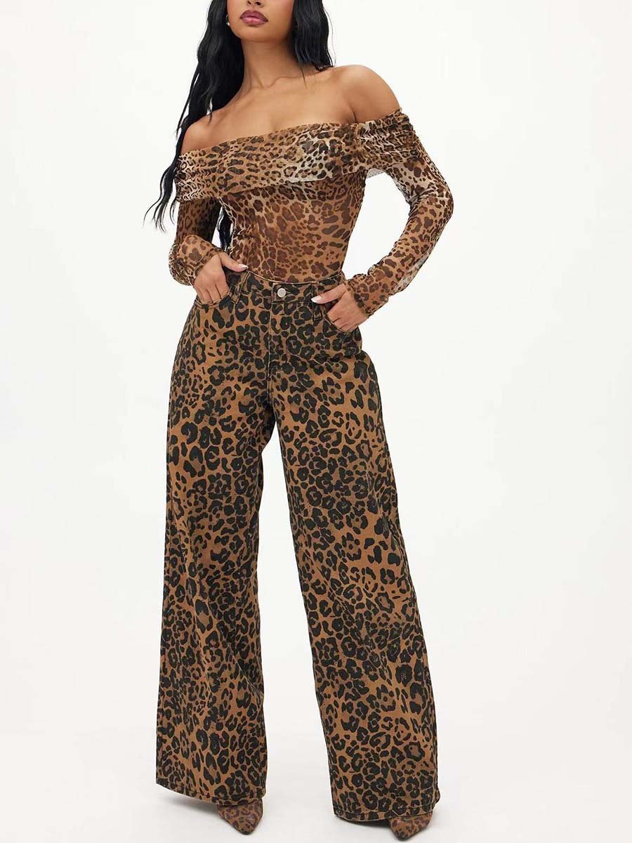 Vintage Fashion Leopard Loose Wide-Leg Jeans