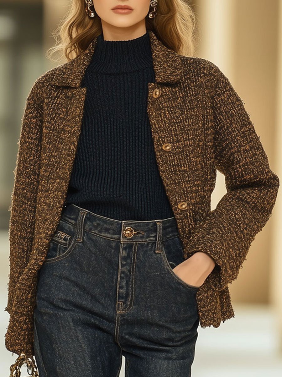 Casual Loose Retro Tweed Single-Breasted Metal Button Coat