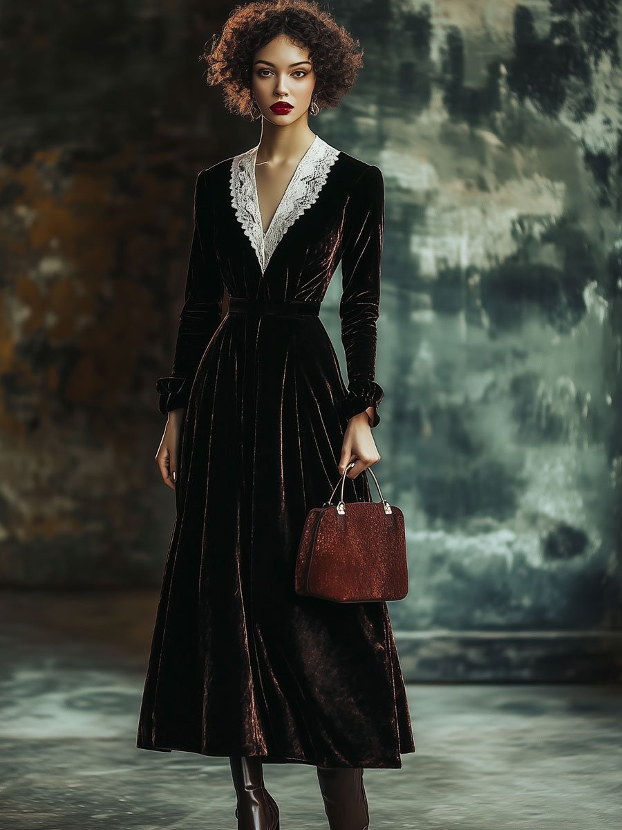 Fashion Party V-neck Lace Stitching Velvet Long Sleeve Maxi Dress