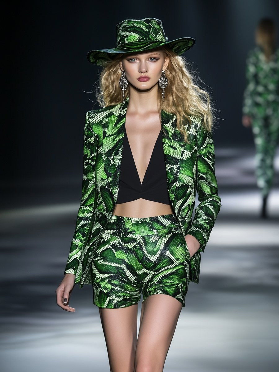 High-End Fashionable Green Snake Print Satin Suit Shorts Set