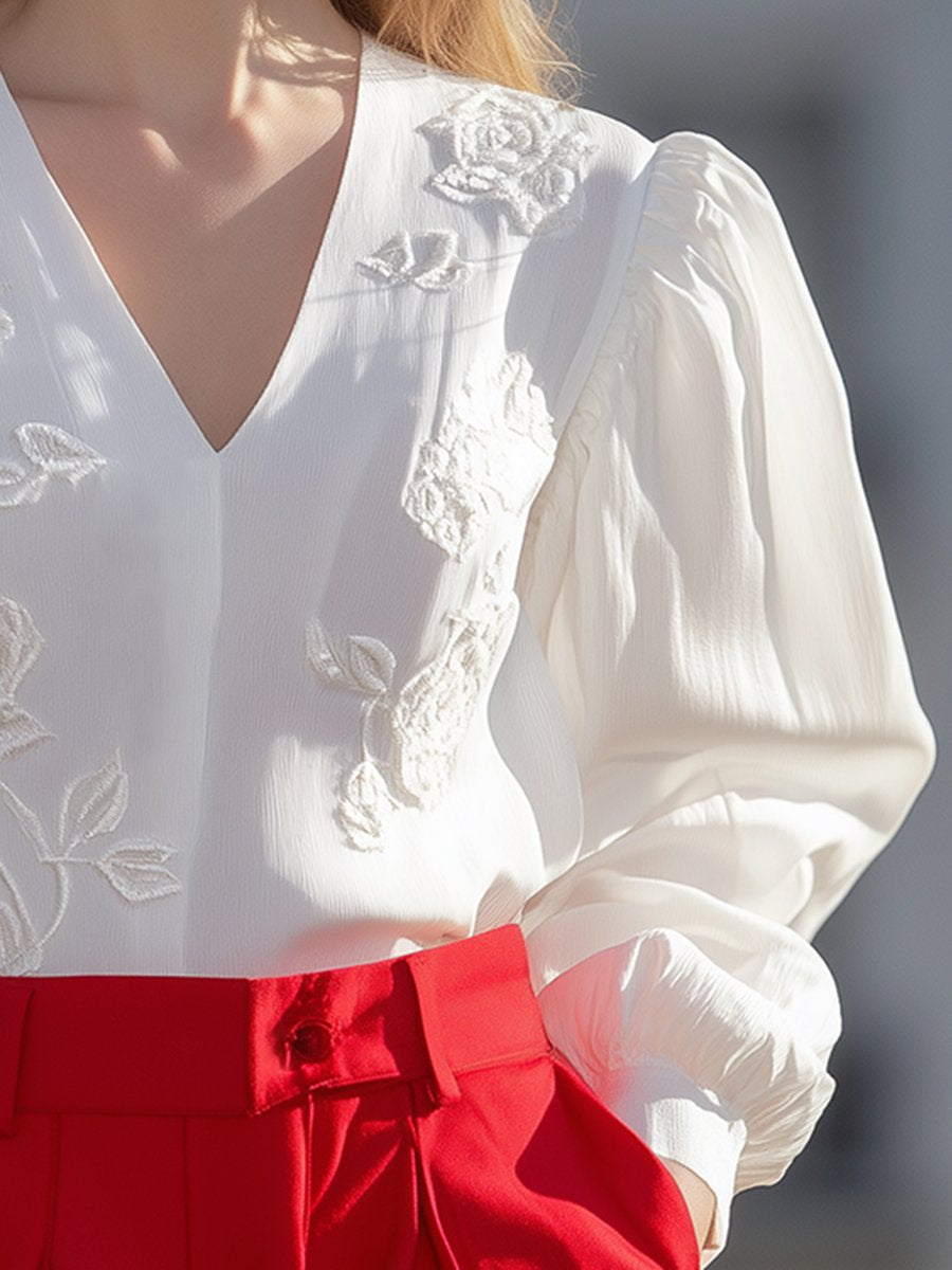 Retro Elegant Fashionable Rose Embroidery White Shirt