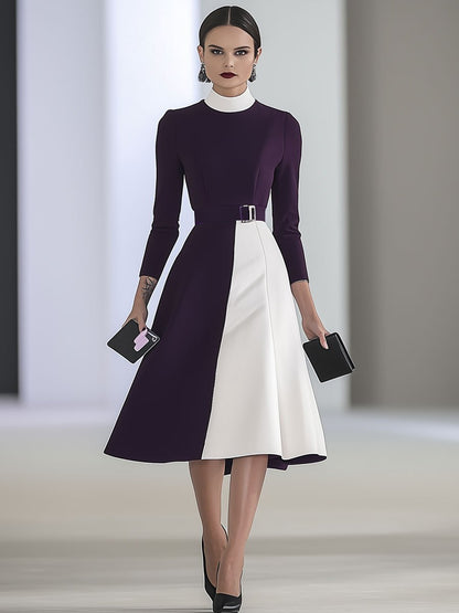 Fashion Retro Commuter Purple And White Stitching Long-Sleeved Midi Dress