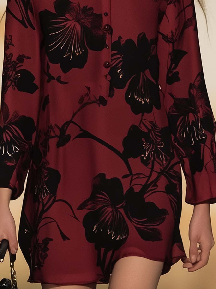 Personalized Plum Blossom Print Wine Red Loose Shirt-style Mini Dress