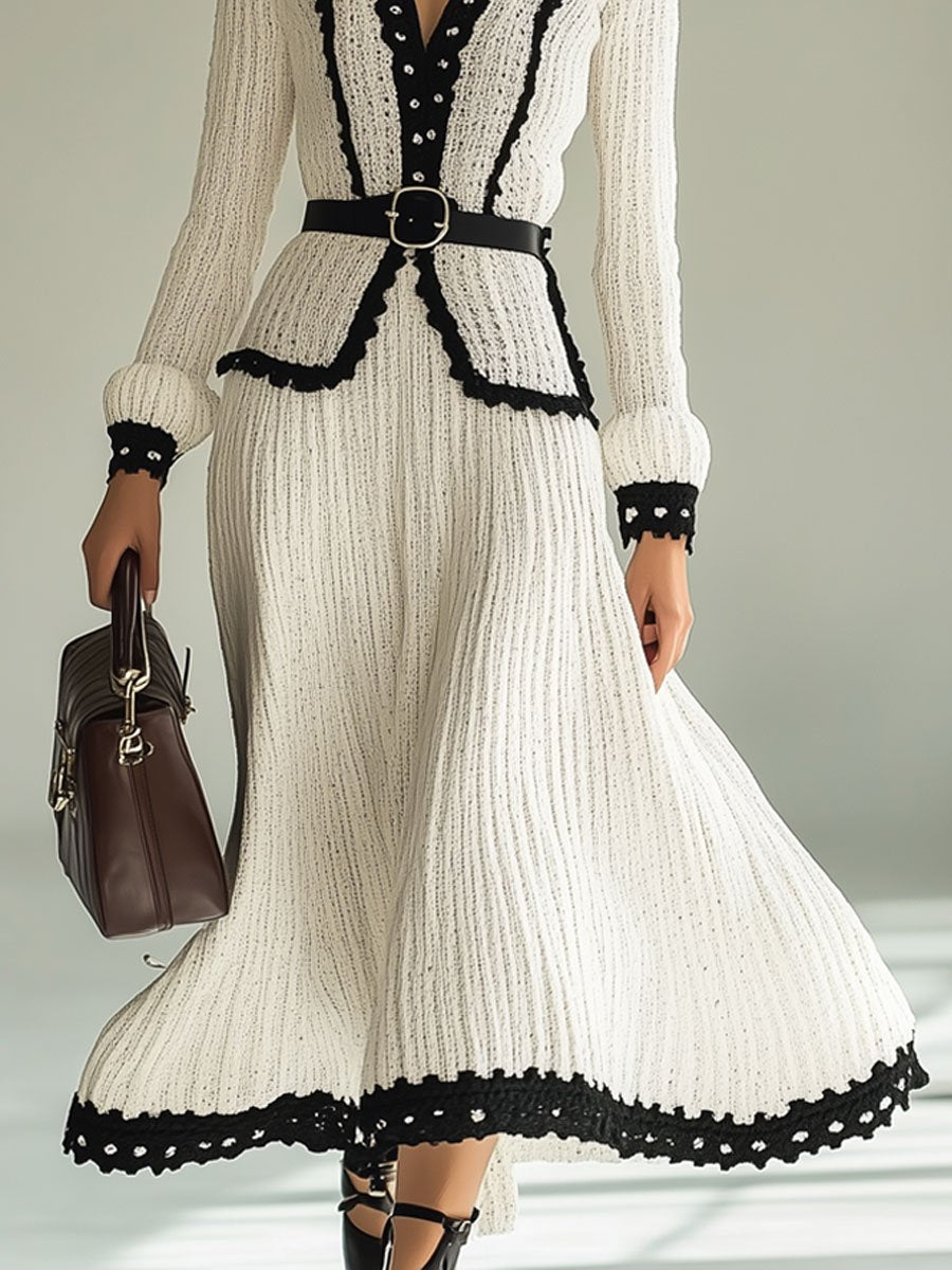 Fashion Retro Black And White Color Matching Knitted Long Sleeve Midi Dress