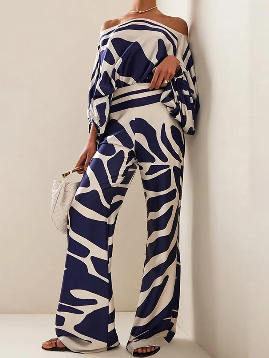 Fashion Casual Printed Loose Bat Sleeve Waist Wide Leg Pants Set