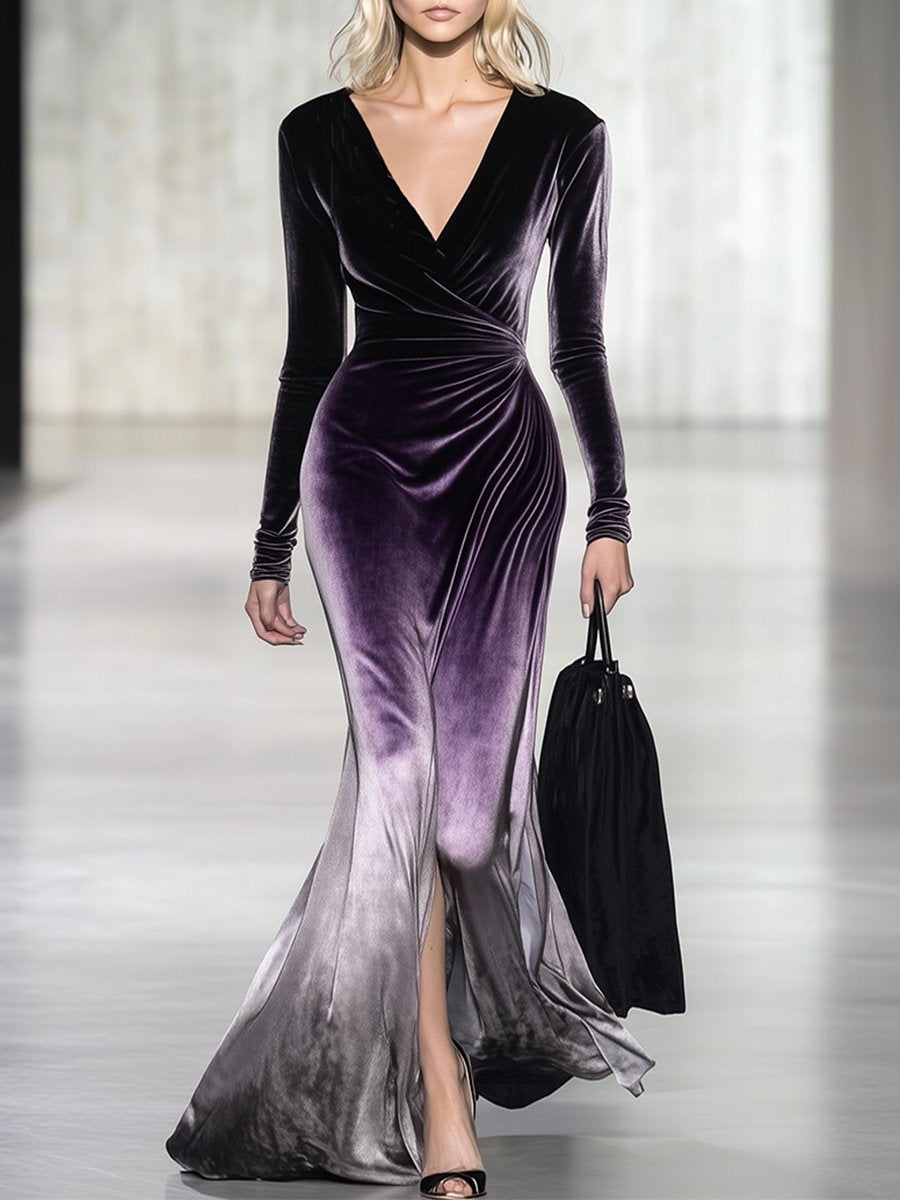 Elegant V-Neck Velvet Gradient Long-Sleeved Maxi Dress