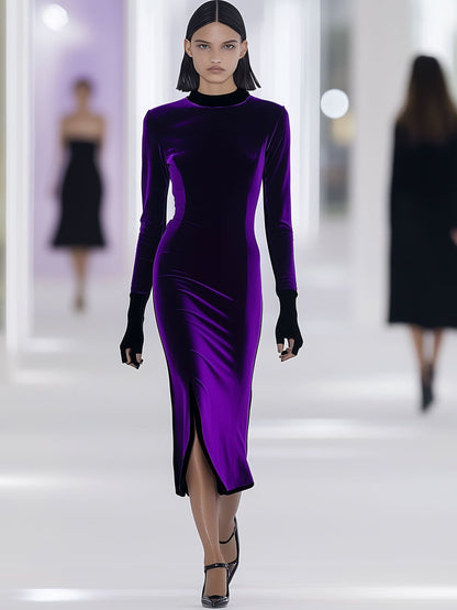 Fashion Retro Black Trim Purple Velvet Slit Long Sleeve Midi Dress