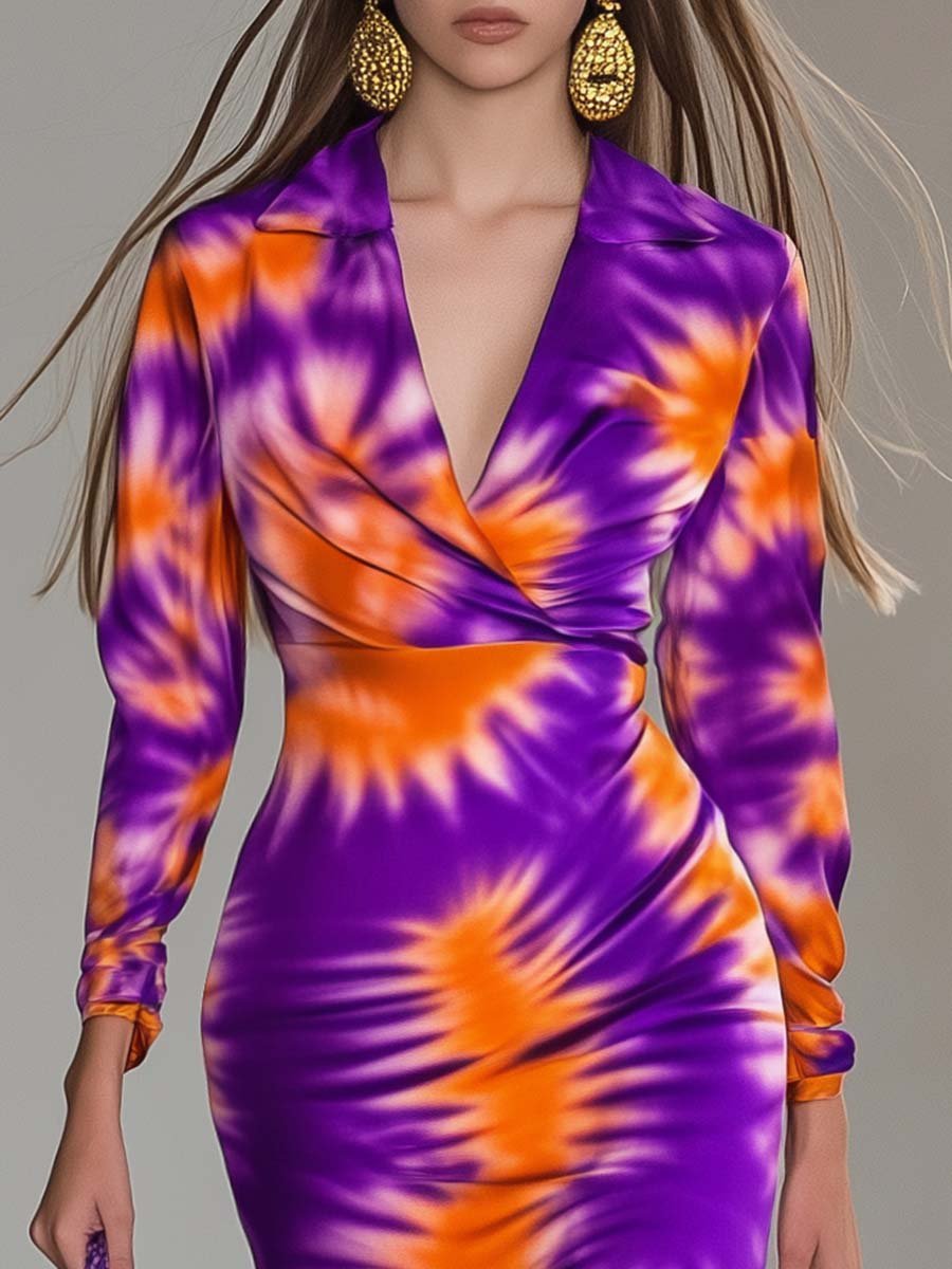 Elegant and Vibrant Orange and Purple Printed V-neck Slim Fishtail Maxi Dress