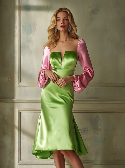 Retro Elegant Temperament Pink Green Contrast Satin Midi Dress