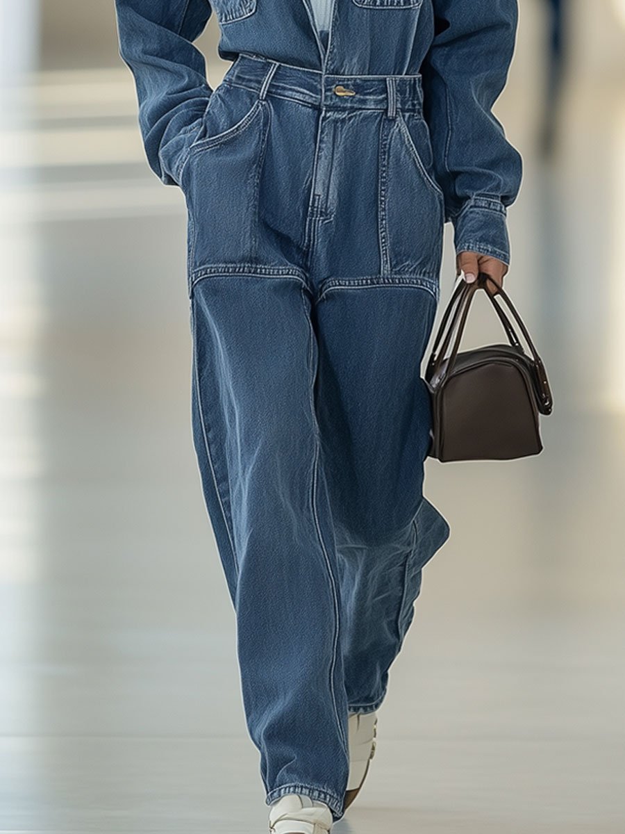 Casual Retro Multi-Pocket Denim Long Sleeve Straight Jumpsuit