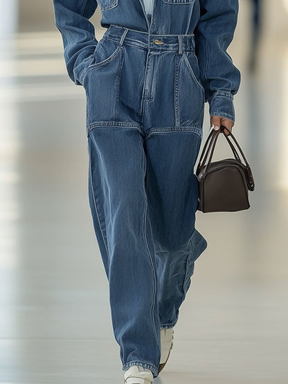 Casual Retro Multi-Pocket Denim Long Sleeve Straight Jumpsuit