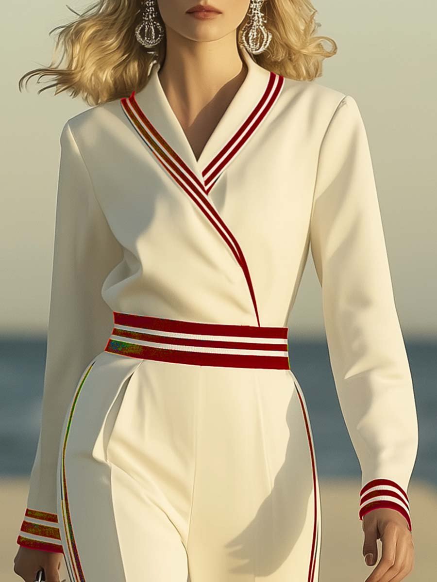 Elegant and Fashionable V-neck Sailor Style Red Trim White Jumpsuit