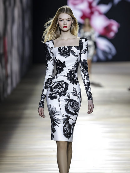 Exquisite Elegant and Fashionable Black and White Rose Print Midi Dress