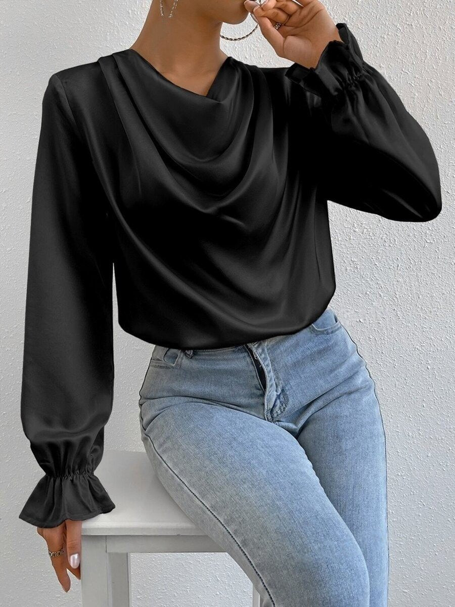 Elegant Ruffled Long Sleeve Satin Shirt