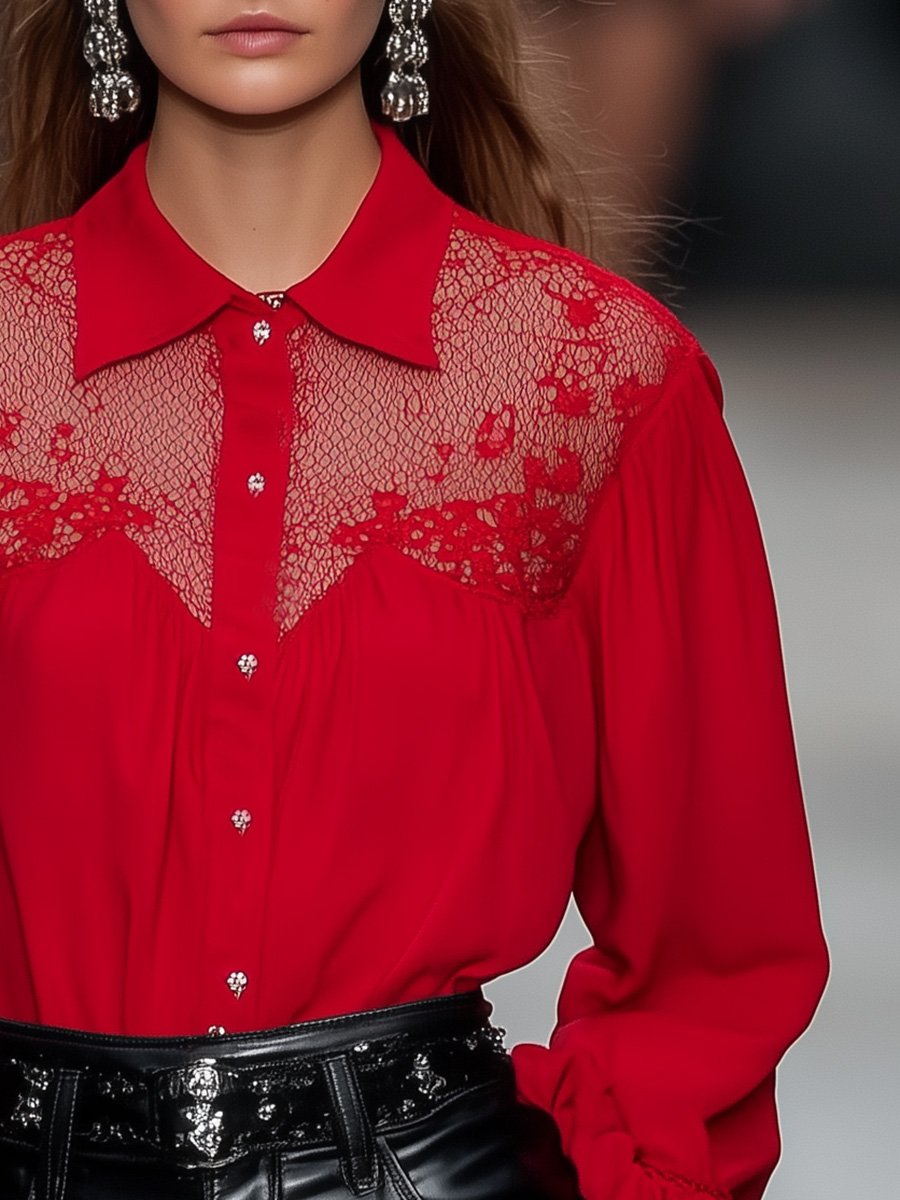 Sexy Eye-catching Chest Lace Stitching Ruffled Cuffs Red Chiffon Shirt