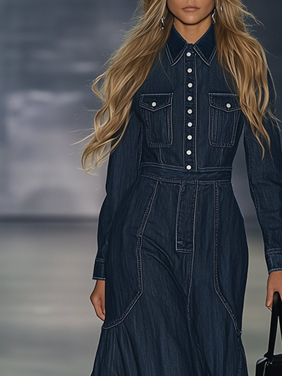 Casual Slim Fit Vintage Lace-up Long Sleeve Denim Maxi Dress