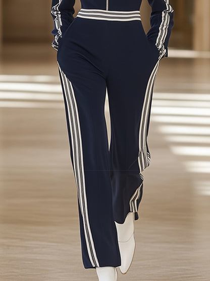 Casual And Stylish Half-Zip Navy Blue Wide-Leg Jumpsuit