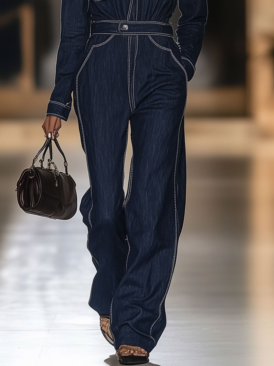 Casual Loose Topstitched Pocket Denim Long Sleeve Jumpsuit