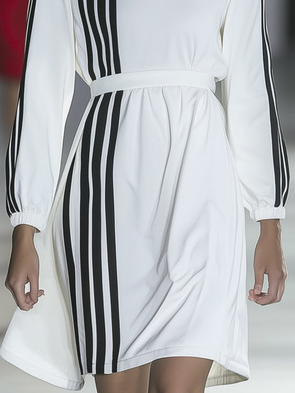 Fashion Round Neck Black Stripe White Long Sleeve Mini Dress