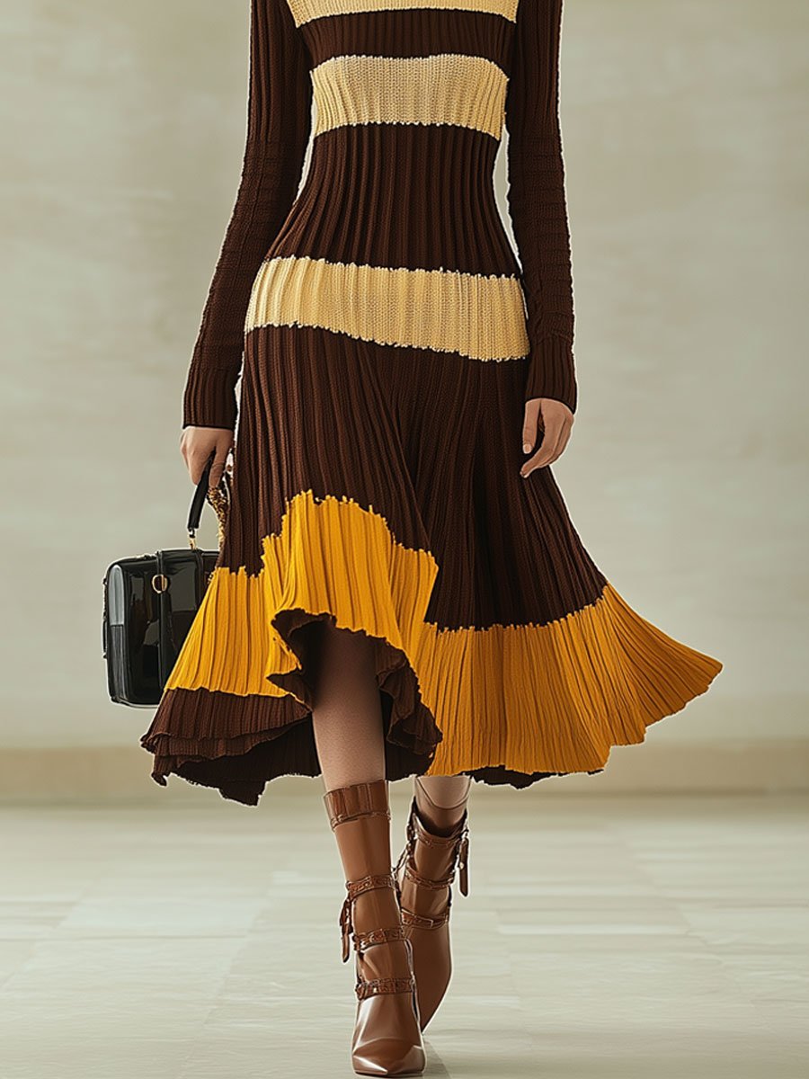 Fashion Retro Striped Knitted Turtleneck Long Sleeve Midi Dress