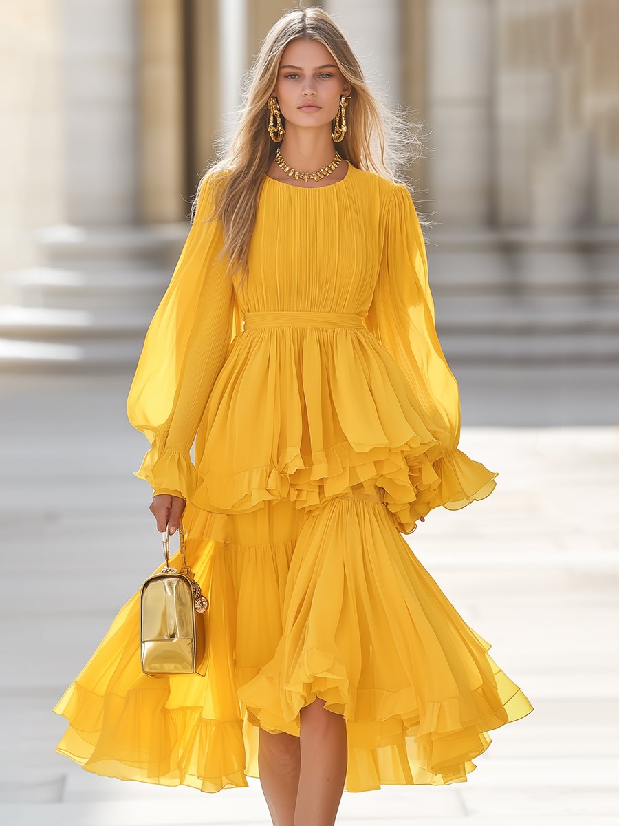 Elegant Multi-Layered Ruffled Yellow Chiffon Midi Dress