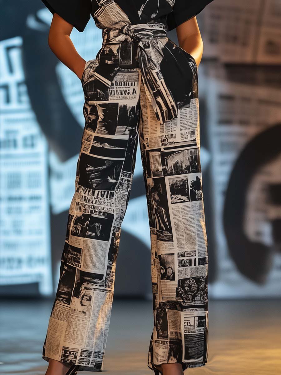 Fashionable and Personalized V-neck Tie Newspaper Print Jumpsuit