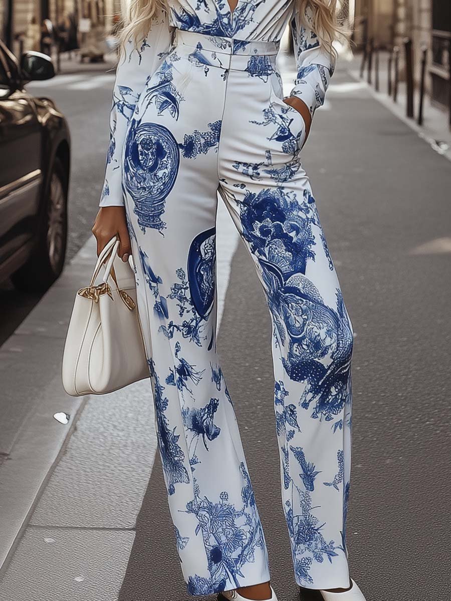 Fashionable Artistic V-neck Blue and White Porcelain Print Jumpsuit