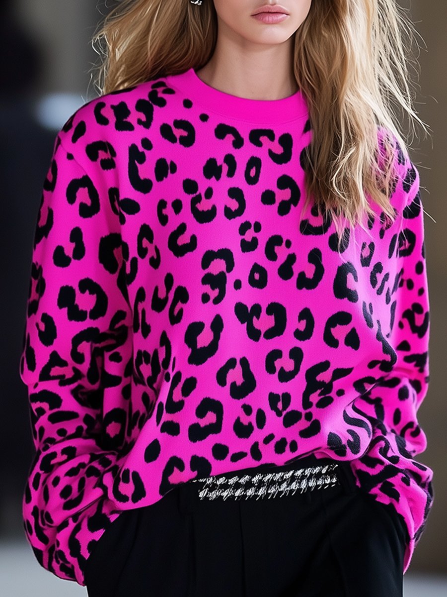 Casual Loose Fashion Bright Pink Leopard Print Sweatshirt