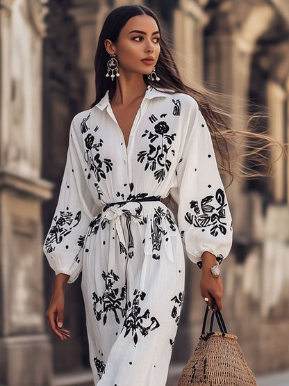 Casual Loose Floral Print Cotton and Linen Long Sleeve Shirt Vacation Maxi Dress