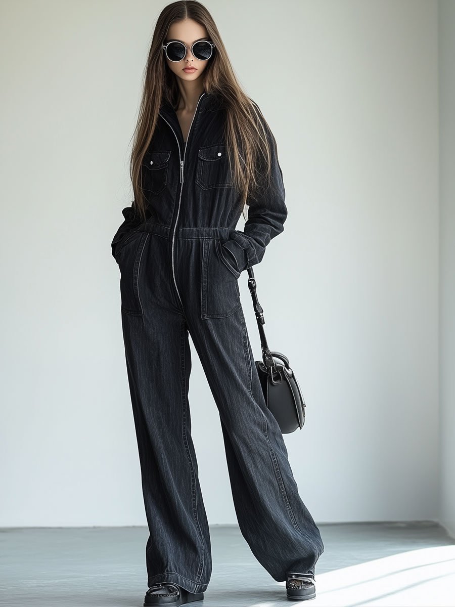 Casual Loose Retro Denim Zipper Elastic Waist Multi-Pocket Long Sleeve Jumpsuit