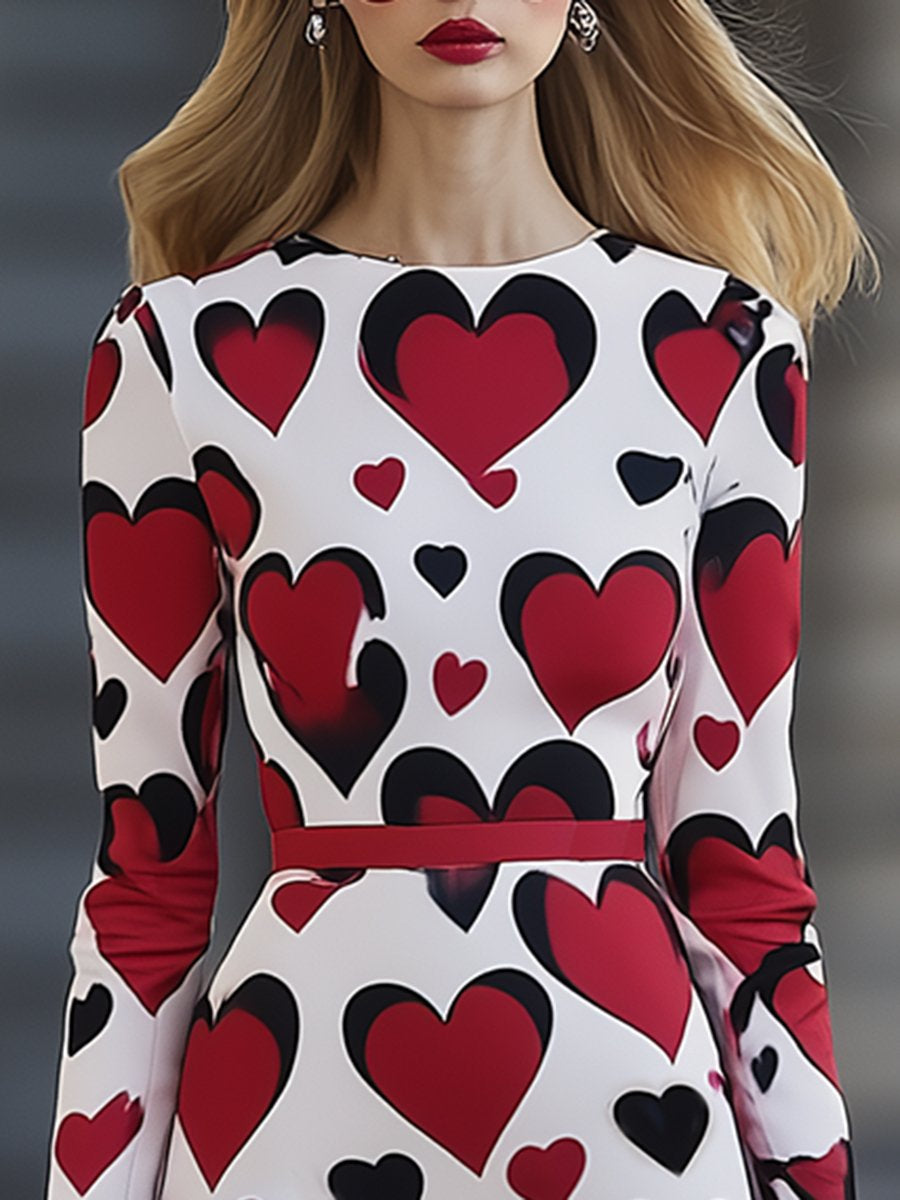 Exquisite and Elegant Red Heart Print Midi Dress