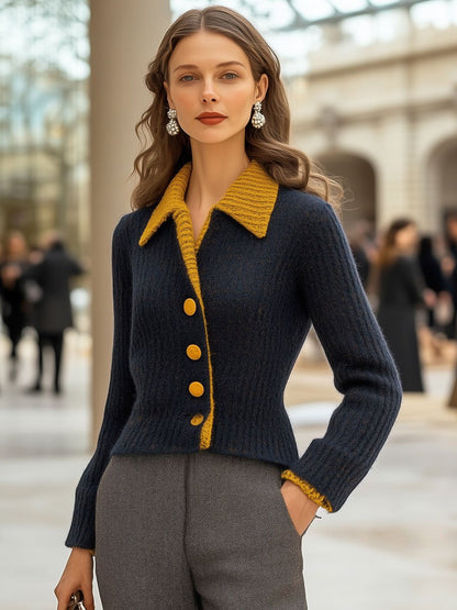 Fashion Retro Navy Blue And Yellow Fake Two-Piece Single-Breasted Wool Cardigan