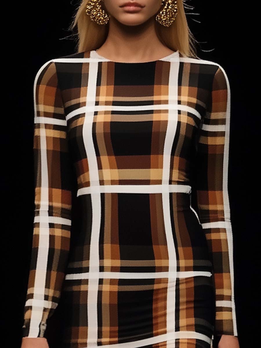 Fashionable and Energetic Round Neck Brown Plaid Stretch Mini Dress