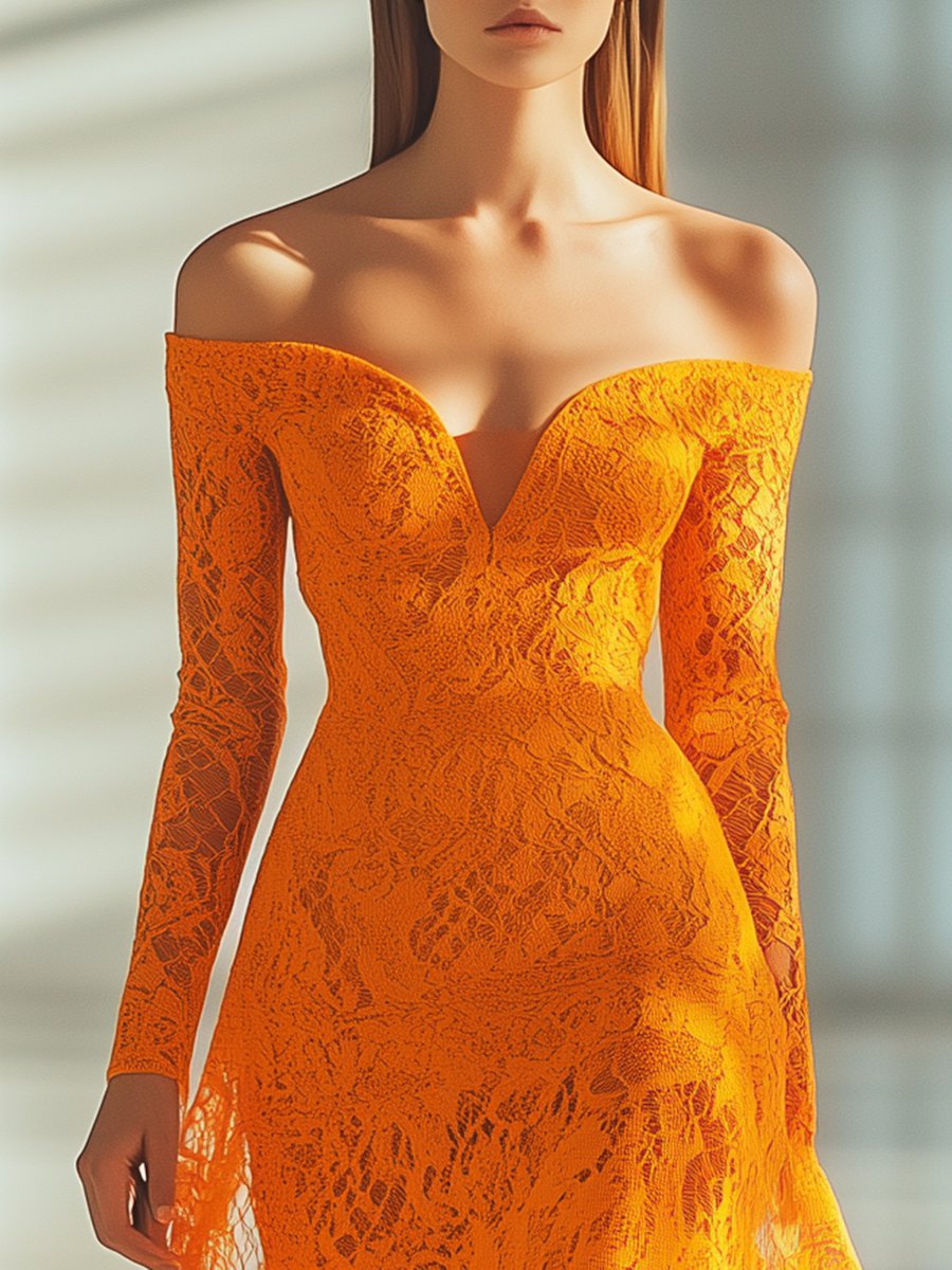 Elegant and Intellectual Orange Lace One Shoulder Long Sleeve Midi Dress