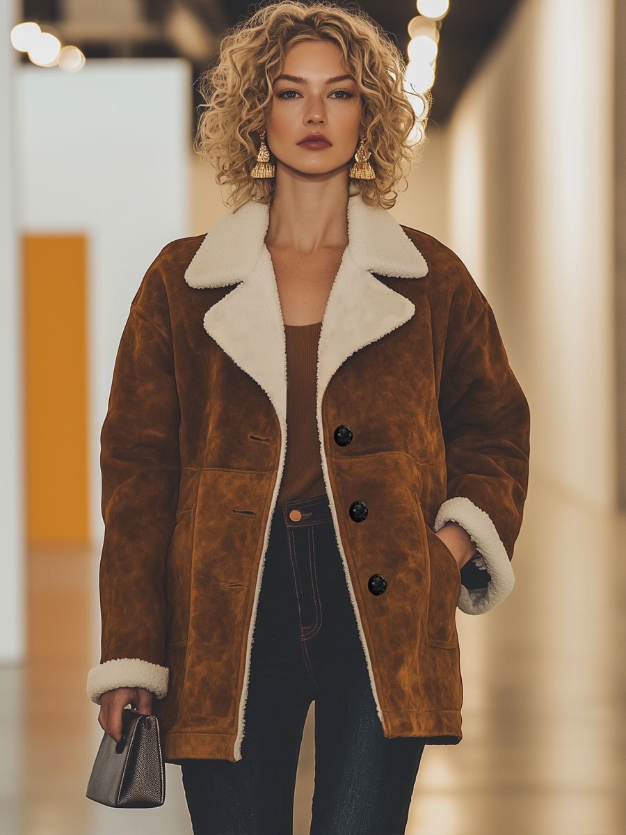 Casual Loose Retro Suede And Lambskin Single-Breasted Coat