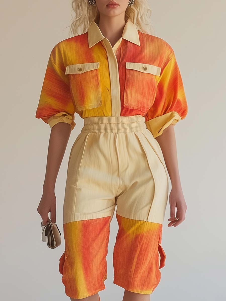 Fashionable and Vibrant Shirt-Style Orange Tie-Dye Contrast Short Jumpsuit