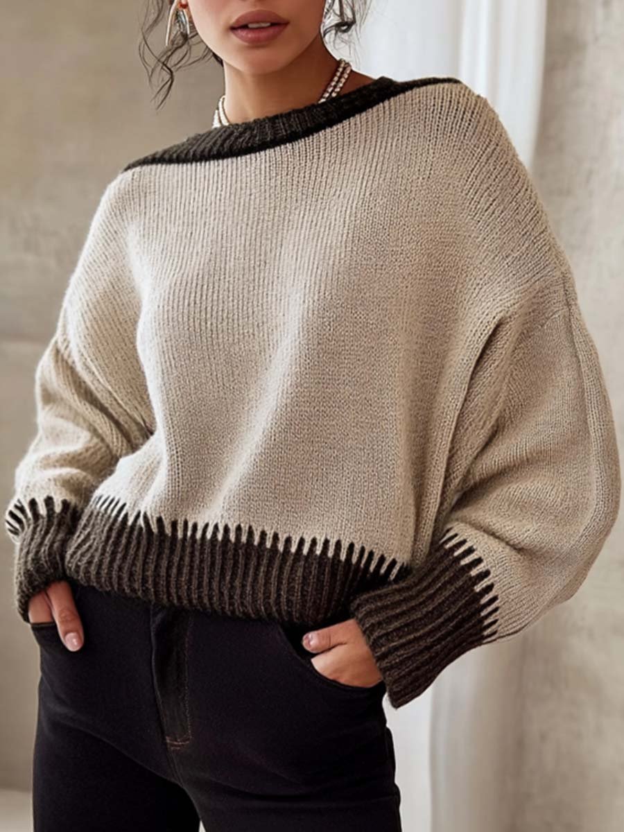 Retro Fashion Round Neck Contrast Color Stitching Sweater