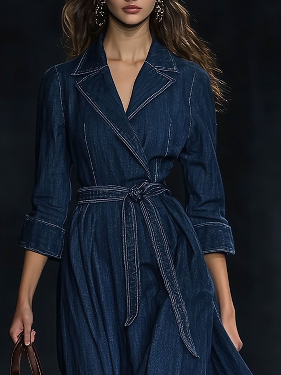 Casual Retro Waist Denim Long Sleeve Dress Style Trench Coat