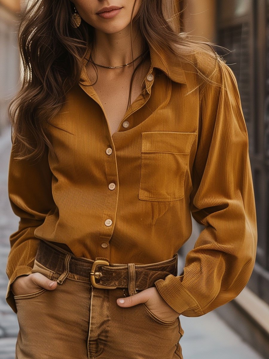 Casual Loose Vintage Corduroy Pocket Long Sleeve Blouse