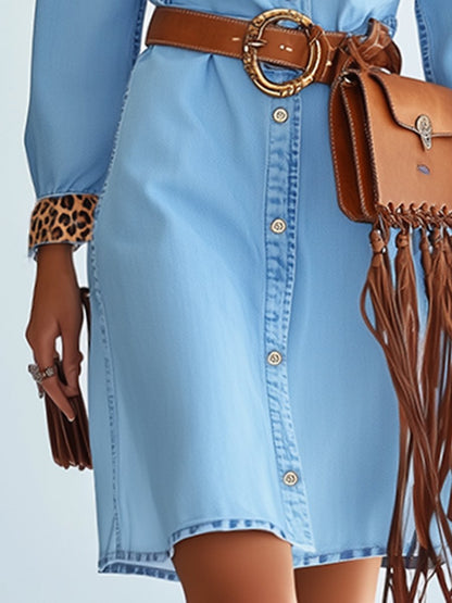 Retro Fashion Loose Leopard Print Denim Midi Dress