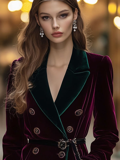 Casual Loose Retro Velvet Burgundy And Green Stitching Double-Breasted Blazer