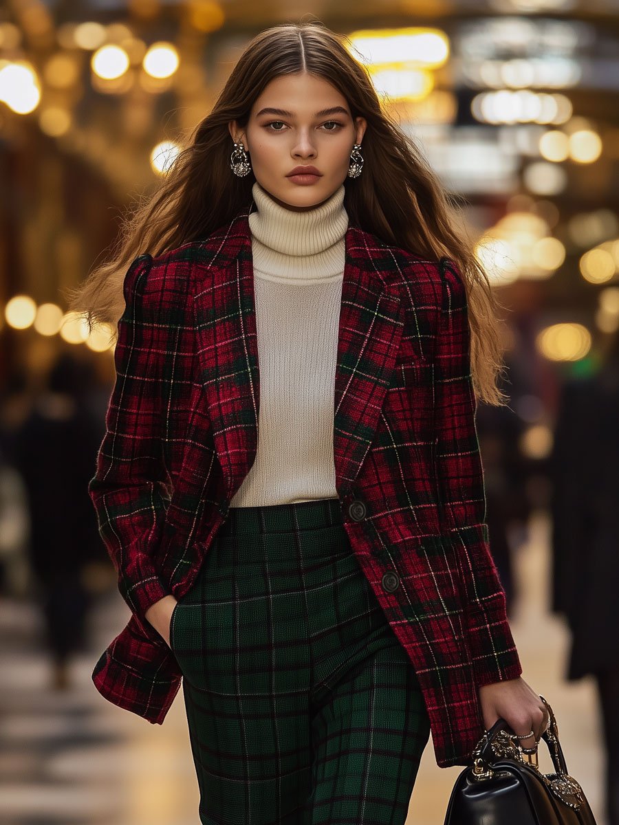 Casual Loose Retro Woolen Red Plaid Print Blazer