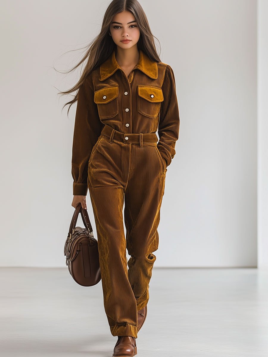 Casual Loose Retro Corduroy Velvet Stitching Multi-Pocket Long-Sleeved Jumpsuit