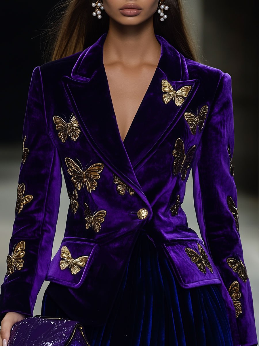 Casual Loose Retro Purple Velvet Gold Butterfly Print Blazer