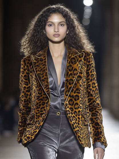 Casual Loose Velvet Leopard Print Lapel Blazer