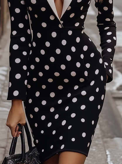 Elegant Commuter V-neck Black and White Polka Dot Mini Dress