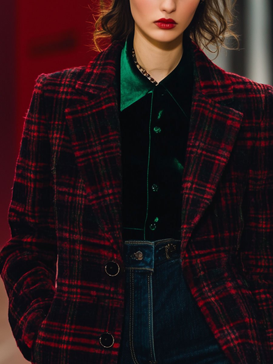 Casual Loose Retro Lapel Ankola Red Plaid Woolen Suit Coat