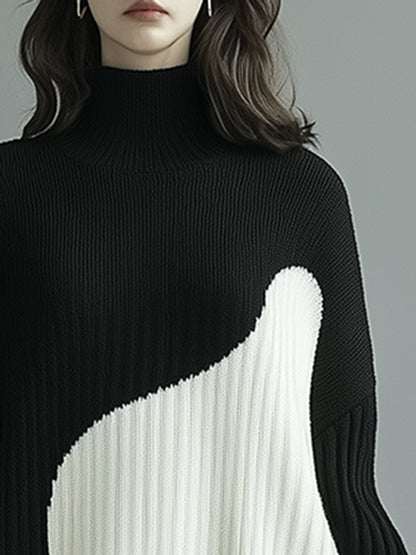 Lazy High-End Black And White Contrast Half-High Collar Pullover Knitted Dress