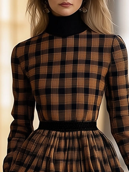 Retro Fashionable And Elegant Colorblock High Collar Plaid Dress